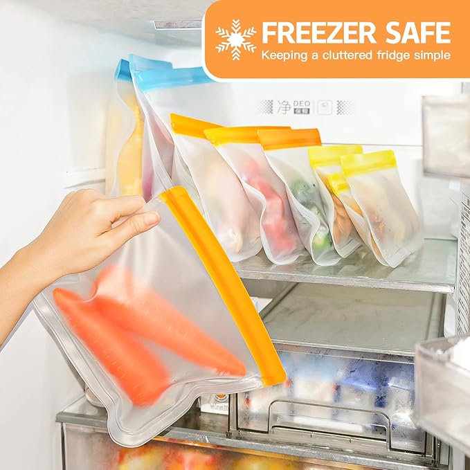 10 Pack Dishwasher Safe Reusable Bags, Silicone, Leakproof, BPA Free, Reusable Food Storage Bags for Lunch, Marinate, Freeze, Travel (Grey) - 3 Gallon, 3 Snack, 4 Sandwich