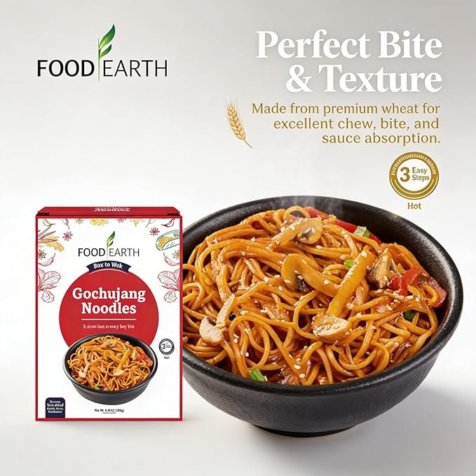 Food Earth Gochujang Noodles 250g | Korean Spicy Stir Fry Noodles | Quick Cook Non-Sticky Noodles for Wok, Chow Mein & Lo Mein | Authentic Flavor | Easy Meal Kit – 250g Pack