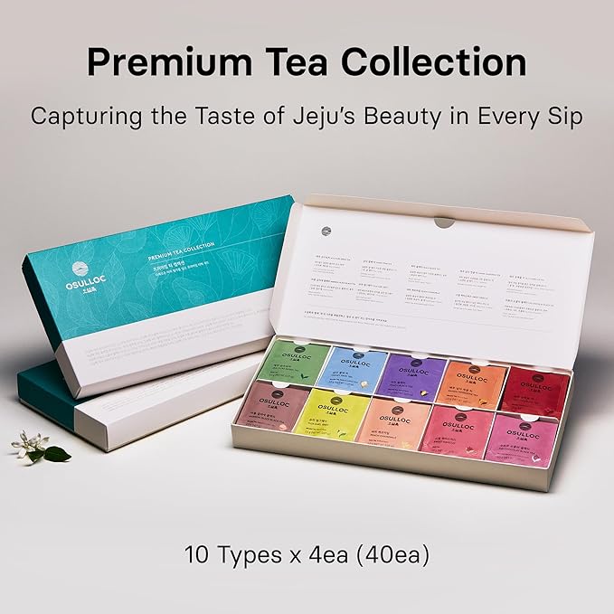 OSULLOC Premium Tea Collection (40 count, 10 flavors x 4 ea), Mothers Day Gifts, Self Care Sampler Gift Box Variety Pack, Premium Organic Pure & Blended Tea from Jeju