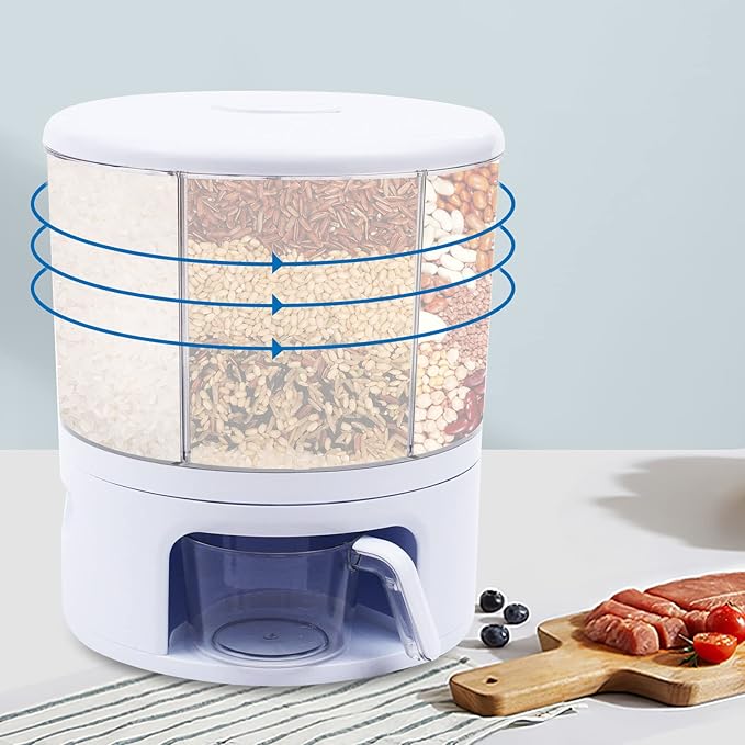 Grain Storage Container Dispenser, 6 Grids rice dispenser rotating, 360° rotating food dispenser One-Click Output rice Storage Round Grain Dispenser Kitchen (White 2.3kg)