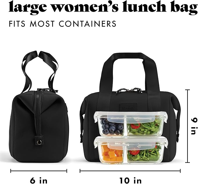 Fit & Fresh Remi Lunch Bag for Women Work – Neoprene Lunch Tote with Containers & Ice Pack, Reusable Meal Prep Lunch Box, Large Capacity, Machine Washable, Black