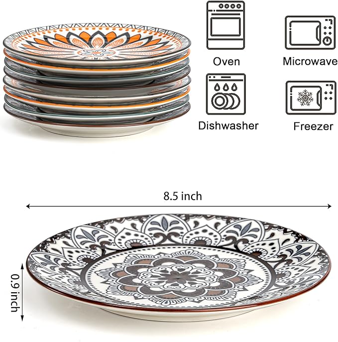 Foraineam 8 Pieces Salad Plates, 8.5 Inch Porcelain Floral Dessert Plates, Colorful Round Lunch Plate Sets for Appetizer Salad Fruit Snack, Dishwasher and Microwave Safe