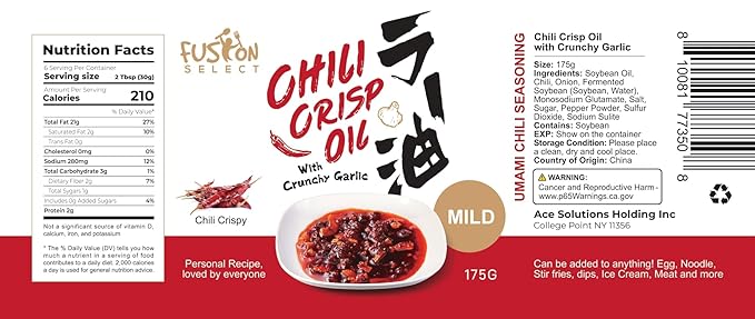 Fusion Select 175g Chili Crisp Oil - Crunchy Garlic Chili Oil, Umami Seasoning with Hot Peppers for Korean Ramen, Spicy Noodles, BBQ Meat, Dip, Stir Fry Sauce - Kitchen Condiment - Mild Spice