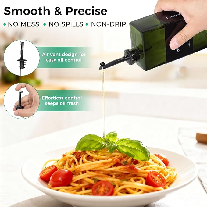 WISIMMALL Olive Oil Dispenser Bottle For Kitchen, 17OZ UV-Blocking Oil And Vinegar Dispenser Set Of 2, Soy Sauce Cooking Oil Dispenser with 2 Stainless Steel Pourers & 44 Labels