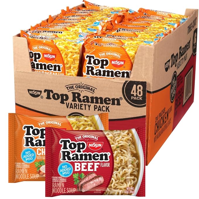 Nissin Top Ramen Noodles, Chicken and Beef Soup, Variety Pack, 3 Ounce (Pack of 48)