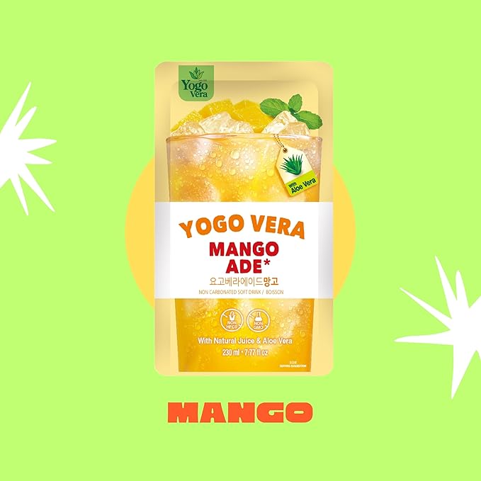 Yogo Vera Mango Ade Korean Drink Pouches – Authentic Korean Convenience Store Beverage with Sweet Mango Flavor, Refreshing Juice Pouch (10 Pack)