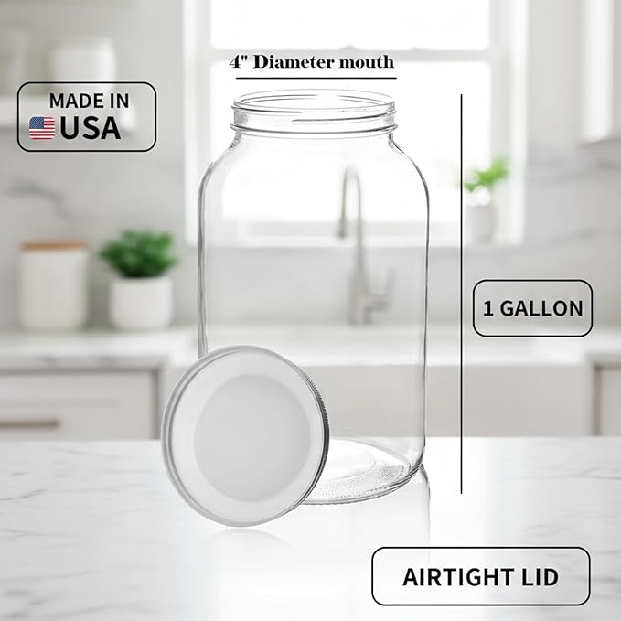 kitchentoolz 1 Gallon Glass Jar with Lid – Gallon Mason Wide Mouth Large Glass Jar for Fermenting, Pickling, Canning, Fermentation Jar, Kombucha, and Food Storage – 1 Gallon Jar Made in USA
