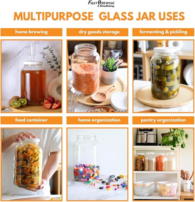 FastRack - 1 Gallon Jar with White METAL Airtight Lid (Pack of 2) | Glass Canisters with Airtight Lids | Large Glass Jar with Fermentation Lid for brewing, fermentation and pickling