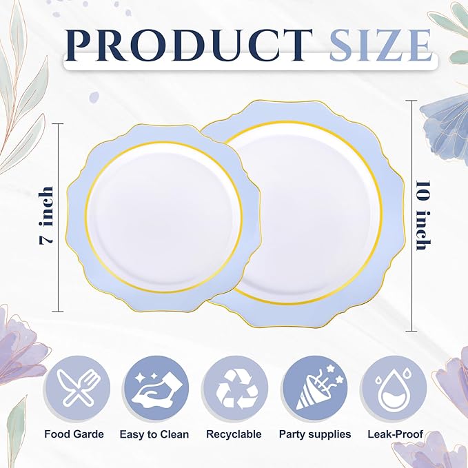 WDF 100PCS Blue Plastic Plates - Light Blue Plates Disposable - Heavy Duty Scalloped Plastic Plate for Parties/Wedding/Baby Shower (Pack of 2)