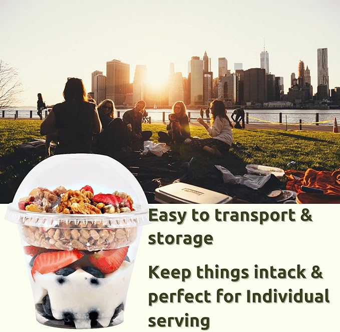 Aatriet 9 oz Clear Plastic Parfait Cups with Insert and Dome Lids No Hole - (50 Sets) Yogurt Fruit Parfait Cups for Kids, for Dips and Veggies, Take Away Breakfast and Snacks. No Leaking