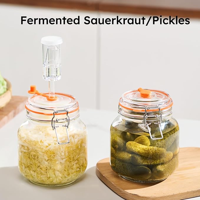 JILLMO 1 Liter Fermentation Jar, Square Glass Fermenting Kit for Making Sauerkraut, Hot Sauce, Mead, Cider and More, Pack of 2