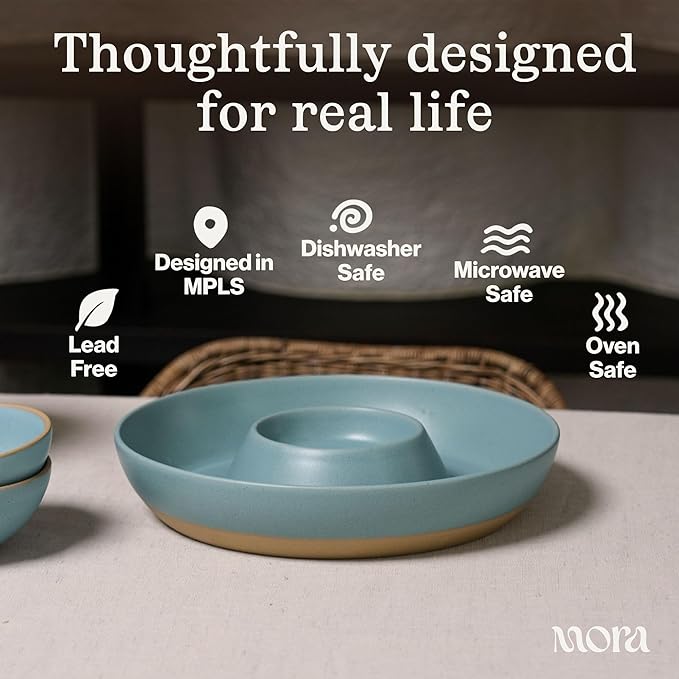 MORA Ceramic Chips and Dip Serving Tray: Large Divided Party Bowl Set for Chips & Salsa, Veggies & Dip, Fruit, Snacks, Entertaining, Hosting, etc. Minimalist Design for the Modern Hostess - Mushroom