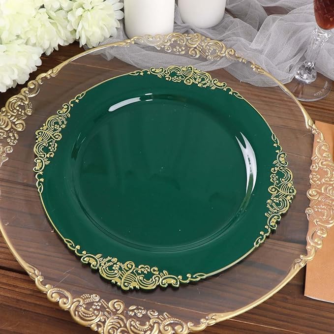 Efavormart 10 Pack | 10" Hunter Emerald Green and Gold Baroque Dinner Plates, Leaf Embossed Metallic Rim Heavy Duty Serving Plates for Forest Themes