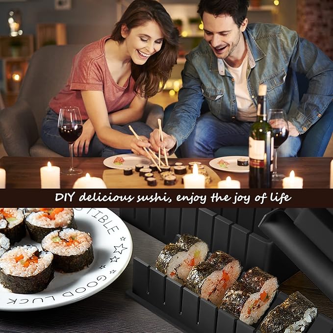 HI NINGER Sushi Making Kit Deluxe Edition Complete Sushi Maker Kit 17PCS Home Sushi Mold Press with Sushi Rice Roll Mold Shapes,Fork,Spatula, Sushi Knife, Sushi Rolling Mat, Chopsticks
