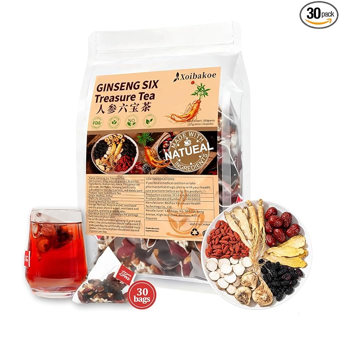 Kidney Tea Formula Ginseng Six Treasure Tea - Pure Natural Chinese Traditional Herbal Ginseng Six Treasure Kidney Detoxification Purification Tea Bag, Contains 7 Precious ingredient Formulas （30 bags/1 Pack)