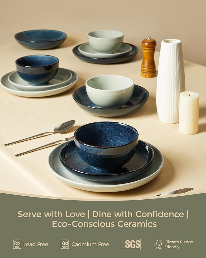 Pokini 24 Piece Dinnerware Set for 8, Santorini Mist Terracotta Plates and Bowls Sets, Complete Stoneware Dish Set for Large Families and Entertaining, Microwave & Dishwasher Safe, Slate Green