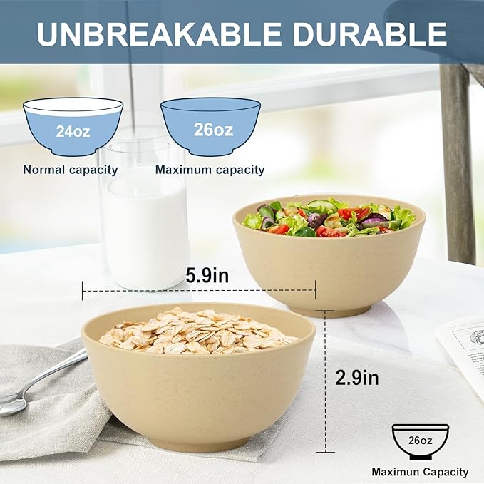 Soup Bowls 26oz, Wheat Straw Bowls Set of 6, Unbreakable Cereal & Popcorn Bowls, Microwave & Dishwasher Safe Prep Bowl for Outdoor, Picnic, Hiking, Beach - Beige