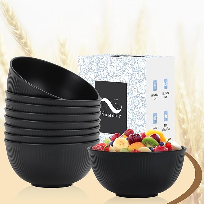 PYRMONT Unbreakable Cereal Bowl 26 OZ Alternative Plastic Bowls Reusable Wheat Straw Bowls Set of 8 Dishwasher & Microwave Safe Bowls for Kitchen,New Home Black Serving Bowls for Soup,Breakfast