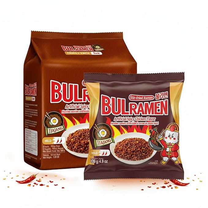Korean Food Bulramen Stir-Fried Ramen Jjajang, Artificial Spicy Chicken Flavor, 5 Packs (4.9 oz Each), Korean Black Bean Instant Noodles