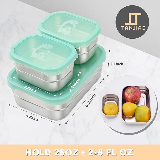 Tanjiae 3 CUP+1 CUP Stainless Steel Lunch Snack Containers Set | Leak Proof 304 Stainless Steel Food Containers with Silicone Lids - Perfect Metal Lunch Box for Home and Travel (25oz+8oz*2)
