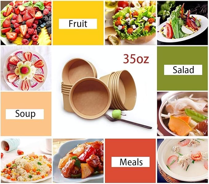 TOPtoper 35 Oz Large Paper Bowls【WITHOUT LIDS】 70 Pack Disposable Soup Bowls Plastic Free Party Supplies for Hot/Cold Food, Soup (35 OZ)