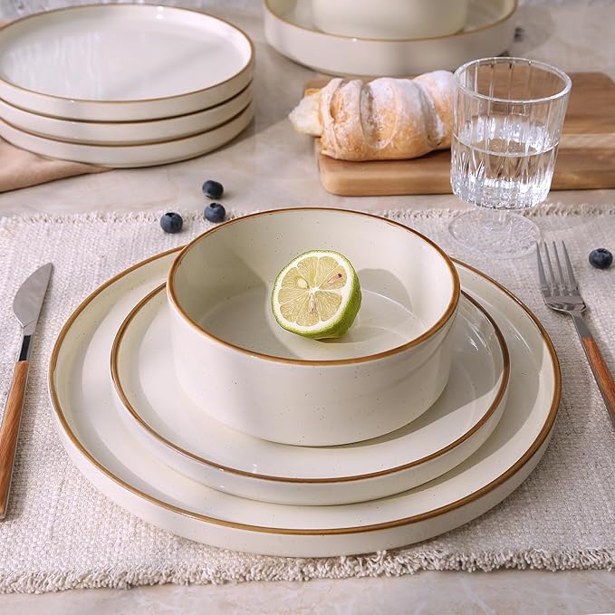 Famiware Nebula Plates and Bowls Sets, 18 Pieces Stoneware Dinnerware Sets, Microwave and Dishwasher Safe Dish Set, Dishware Sets for 6, Vanilla White with Brown Rim