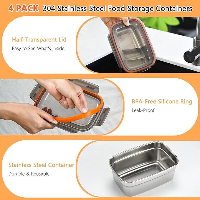4 Pack Food Storage Containers with Lids, Stainless Steel Fridge Storage Containers Airtight Leak-Proof Metal Storage Containers for Food Leftover Storage at Home or for Camping Trip Road Trip