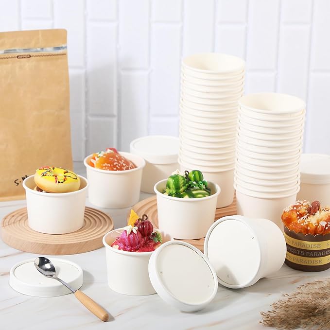Fulmoon 100 Pack Paper Soup Containers with Lids Disposable Paper Food Containers with Vented Lid Kraft Ice Cream Cake Dessert Cups Soup Bowl for Party Hot Food Fruit Microwave(8 oz,White)