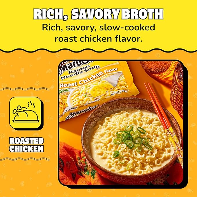 Maruchan Ramen Noodle Soup, Roast Chicken Flavor – Japanese-Style Instant Noodles, Quick & Easy Meal for Students & Busy Families – 3 Oz. (24 Pack)