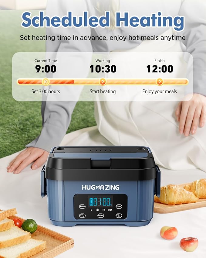 Hugmazing Cordless Electric Lunch Box for Adults, Men & Women – Rechargeable Self-Heating Food Warmer with 1.2L SS Container, Battery-Powered Heated Lunch Box, Perfect for Work and Travel Use