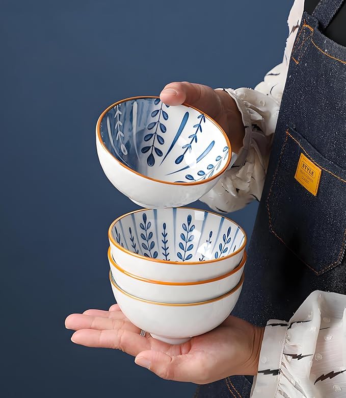 Rice Bowls 10oz, Japanese Style Bowls Set of 6 with Gift Box - Blue and White Ceramic Bowls for Soup, Dessert, Ice Cream, Snack - Kitchen Gifts for Women Christmas Gift