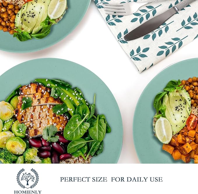 Homienly Flat Dinner Plates Set of 8 Alternative for Plastic Plates Microwave and Dishwasher Safe Wheat Straw Plates for Kitchen Unbreakable Kids Plates(Green, 10 inch)
