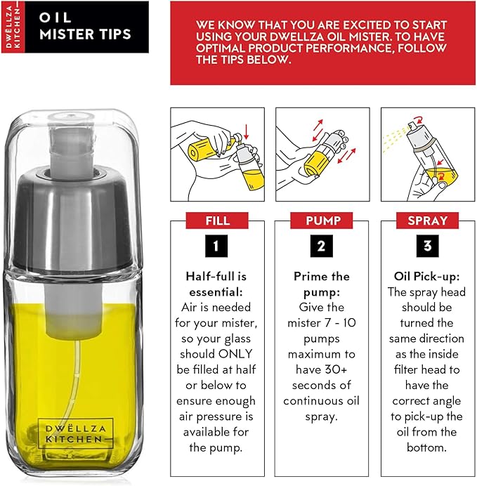 DWËLLZA KITCHEN Olive Oil Dispenser Bottle For Kitchen Set 6 oz Sprayer For Cooking and Glass 17 Oz. Cooking Pour Dispenser With Measurements for Cooking, Airfryer, Salad & BBQ