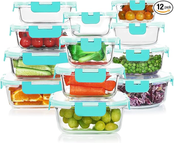 KOMUEE 24 Pieces Glass Food Storage Containers Set, Meal Prep Containers, BPA-Free Airtight Glass Storage Containers with lids, Freezer, Microwave and Oven Safe,Green