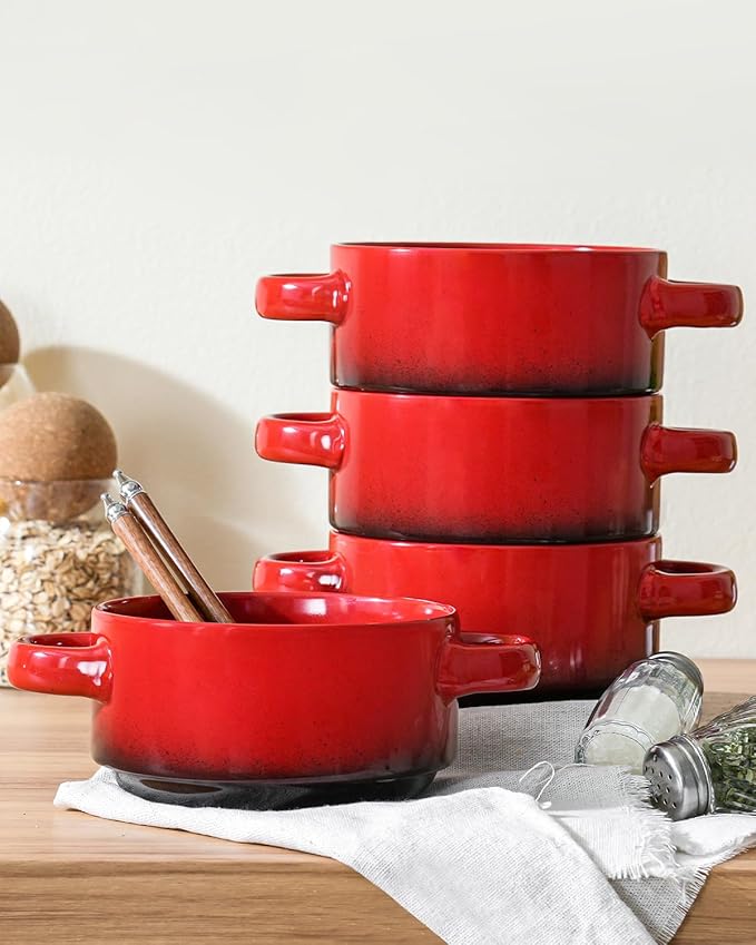 French Onion Soup Bowls with Handles, Oven & Microwave Safe, Set of 4 28 Oz Porcelain Soup Bowls for Chili, Stew, Pasta, Pot Pies – Stackable, Dishwasher Safe, Durable Ceramic Dinnerware