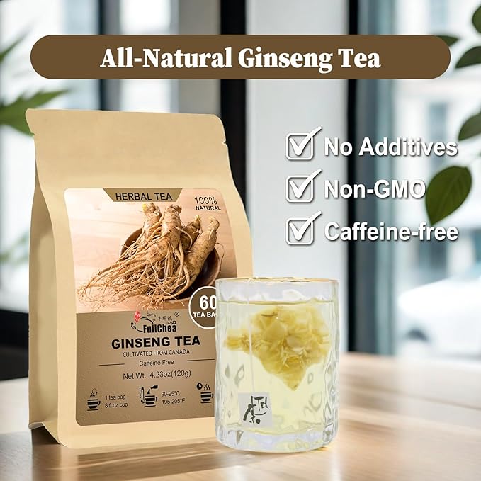 FullChea - Ginseng Tea bags, 60 Teabags - Pure Ginseng Root Tea - Caffeine-Free Herbal Tea with Wellness Support