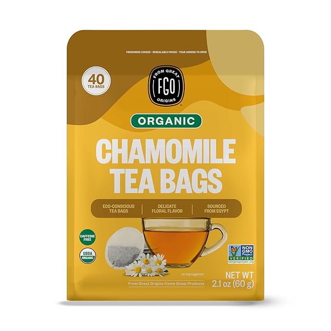 FGO Organic Chamomile Tea, 40 Count, Eco-Conscious Tea Bags, Resealable Bag (Pack of 1)