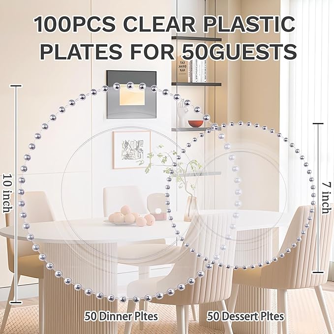 supernal 100PCS Clear Plastic Plates, Clear Plates with Silver Trim, Elegant Plastic Plate Include 50 Dinner Plate 10'' and 50 Dessert Appetizer Platos 7'' for Party, Wedding, Bridal Baptism