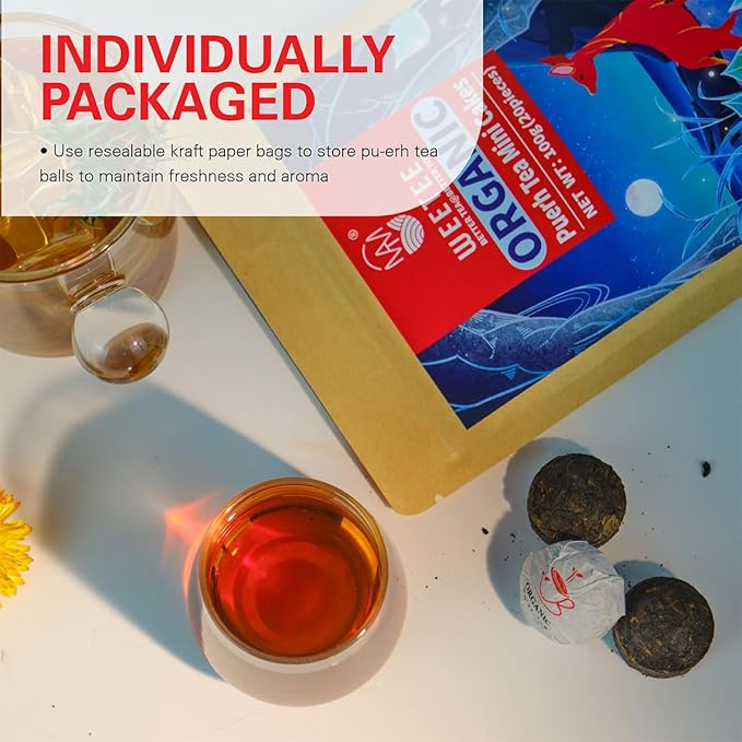 WT WEETEE Organic Pu-erh Tea, Organic Ripe Puerh Tea Mini Tea Cake with Glutinous Rice Fragrant, Chinese Aged Pu'erh Loose Leaf (3.5 Ounce/ 20 Cakes)