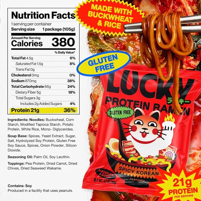 Lucky High Protein, Gluten Free Ramen Noodles, Extra Spicy Korean Flavor | 21g Protein | No MSG, Air Dried, Vegan, Reduced Sodium, Healthy, Vegetarian | Rice Ramen + Soup | Instant, Ready in 8 Minutes | 6-Pack