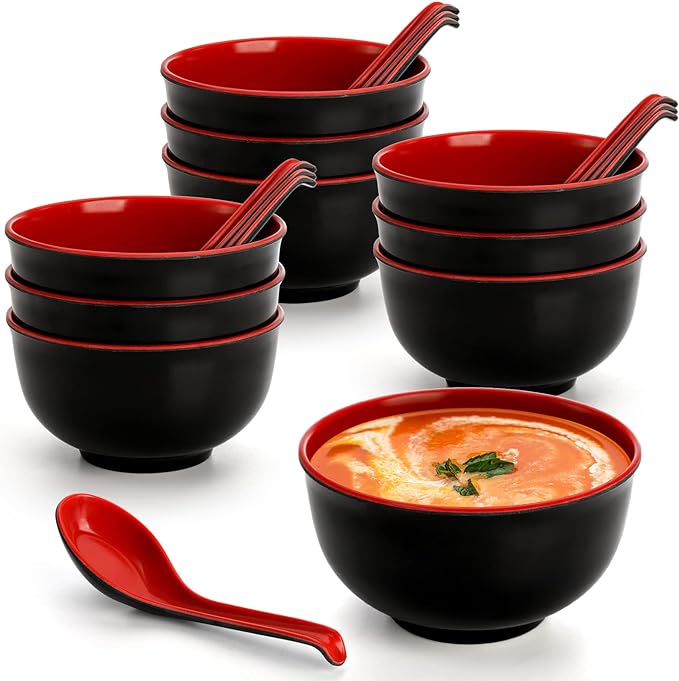 Lyellfe Set of 10 Miso Soup Bowl with Spoon, Restaurant Quality Melamine Cereal Rice Bowl, 16 Oz Unbreakable Japanese Dinnerware for Ramen, Udon Noodle, Dishwasher Safe