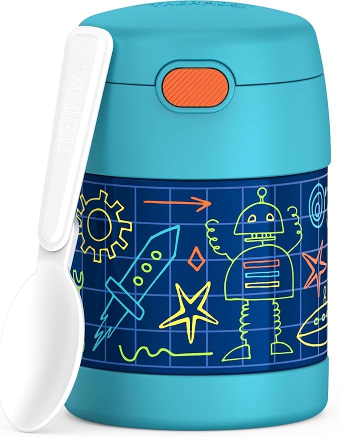 THERMOS FUNTAINER Insulated Food Jar, 10 Ounce, Kid Friendly Food Jar with Foldable Spoon, Robot Doodles