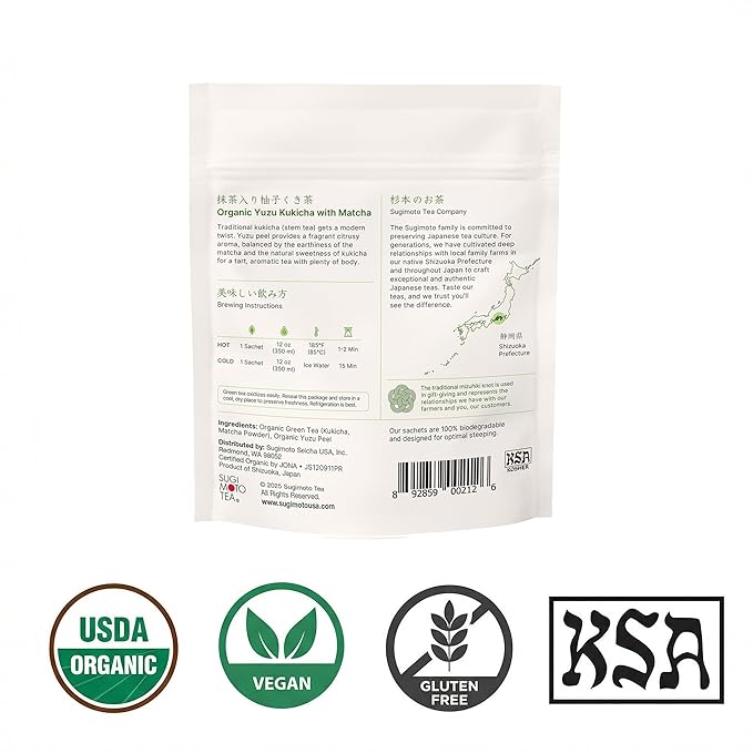 SUGIMOTO TEA Japanese Organic Yuzu Kukicha with Matcha Green Tea Bags 12 Count