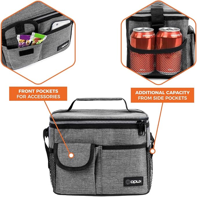 opux Insulated Lunch Box for Men Women Kids, Leakproof Reusable Lunch Bag Cooler for Work School Office, Soft Thermal Lunchbox Tote with Shoulder Strap for Boys Girls Adults, Heather Gray, 14 Can/8L