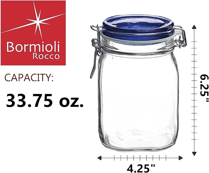 Bormioli Rocco Fido Square Jaw with Blue Lid, 33-3/4-Ounce, 33.75 Ounce, Clear