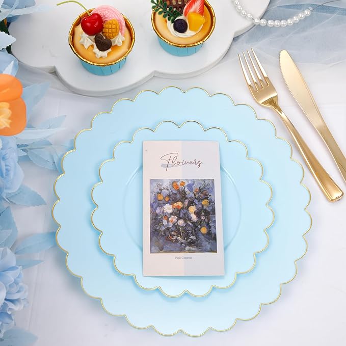 LIYH 60 Pcs Baby Blue Plastic Plates with Gold Edge - Disposable Light Blue Plastic Plates Includes 30 Dinner Plate 10.25" and 30 Dessert Plate 7.5" for Party Birthday Wedding