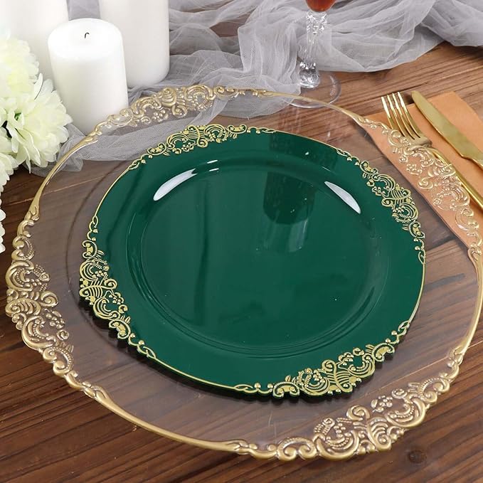 Efavormart 10 Pack | 10" Hunter Emerald Green and Gold Baroque Dinner Plates, Leaf Embossed Metallic Rim Heavy Duty Serving Plates for Forest Themes