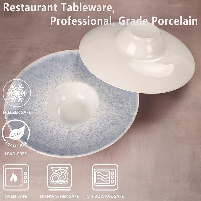 Soup Bowls, Soup Plates, 5.1 oz, Porcelain Pasta Bowl Set of 4, Wide edge Shallow Bowl Plates, Rimmed Bowls with Rim, Best choice for high-end restaurants and foodies,Azure blue, 9.8 Inch