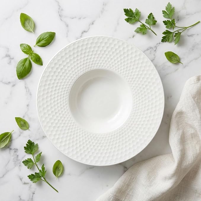 Creative home decor ceramic wide-rimmed soup bowls/plates, 10.5 oz pasta bowl four-piece set, white embossed bowls and plates with rims, ideal for upscale restaurants, hotels and gourmets, 11 inches.