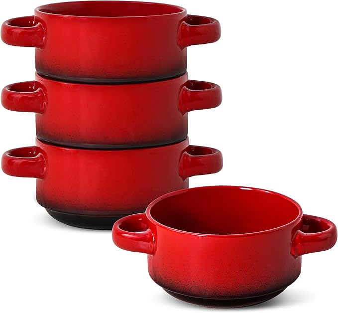 French Onion Soup Bowls with Handles, Oven & Microwave Safe, Set of 4 28 Oz Porcelain Soup Bowls for Chili, Stew, Pasta, Pot Pies – Stackable, Dishwasher Safe, Durable Ceramic Dinnerware